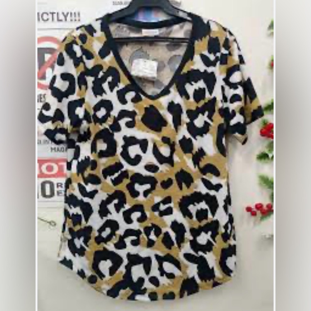 Leopard Print V-Neck Short Sleeve Top - Black & Tan